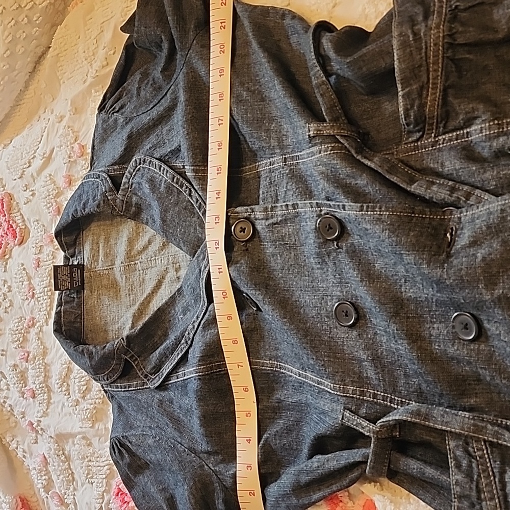 French Cuff Blue Demin Jeans Cotton Belt Pocket Trench Coat Jacket Women's Sz L - Picture 8 of 9